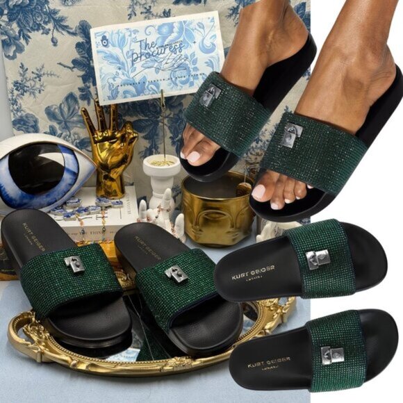 🆕 KURT GEIGER LONDON 🧿 NWOB Brixton Poolslide, Blue Green Crystals - Sz 40 US9 - Picture 1 of 15